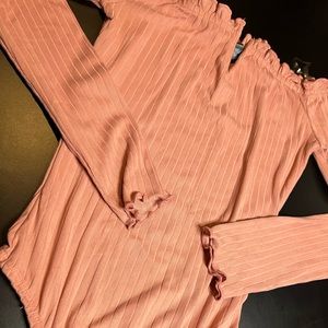 Pink Lettuce Trim Off-Shoulder Long-Sleeve BodySuit